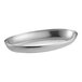 A silver stainless steel oval Choice chafer cover with a handle.