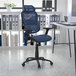 A Flash Furniture blue mesh office chair with black armrests and base.