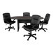 A Flash Furniture Lake Rustic Gray conference table with 4 black leather chairs around it.