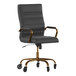 A black office chair with gold legs and roller wheels.