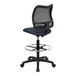 A blue office chair with a black mesh back.
