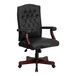 A Flash Furniture Martha Washington black leather office chair with wooden arms and legs.