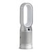 A white and silver Dyson Purifier Hot+Cool fan with a remote control.