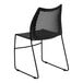 A Flash Furniture black plastic banquet chair with a black metal frame and mesh back.