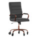 A Flash Furniture black leather office chair with a copper metal frame and roller wheels.