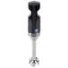 A close up of a black and silver Waring immersion blender.