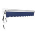 An Awntech navy blue and white heavy-duty retractable patio awning with a cord.
