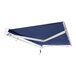 A navy blue Awntech retractable awning with white metal frame and protective hood.