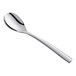 An Acopa Lore stainless steel dessert spoon with a silver handle.