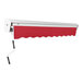 A red Awntech retractable awning with a black handle over a white surface.