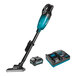 A close-up of a Makita cordless vacuum cleaner with a battery attached.