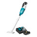 A close-up of a Makita cordless vacuum cleaner and battery.