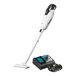 A white Makita cordless vacuum cleaner with a blue battery attached.