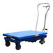 An Eoslift blue mobile scissor lift table with wheels and a handle.