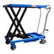 An Eoslift blue heavy-duty manual mobile scissor lift table with wheels.