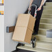 A person pushing a Lavex hand truck with a box up the stairs.