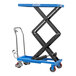 A blue and black Eoslift scissor lift table with wheels.