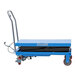 A blue Eoslift manual mobile double scissor lift table with wheels.
