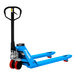 A blue Eoslift hand pallet truck with white text and a red handle.