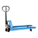 A blue Eoslift professional grade manual steel pallet jack with wheels and a handle.