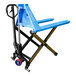An Eoslift blue and yellow manual scissor lift pallet jack with black handles.