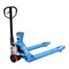An Eoslift blue hand pallet jack with black wheels and a red handle.