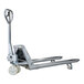 A silver Eoslift hand pallet truck with wheels and a handle.