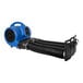 An XPOWER blue and black air blower with hoses and filters on a white background.