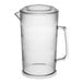 A clear plastic pitcher with a lid and a handle.