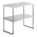 A silver metal Avantco stainless steel table with two shelves.