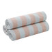 Two peach and white striped 1888 Mills Fibertone pool towels.