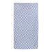 A blue and white Fibertone pool towel with a diamond pattern.