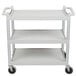 A speckled gray Cambro three shelf utility cart with black wheels.
