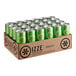 A cardboard box of green Izze Apple Sparkling Juice cans.