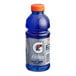 A blue plastic bottle of Gatorade Thirst Quencher Fierce Grape with a white and grey label and an orange cap.
