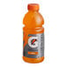 A close up of a Gatorade Orange Sports Drink bottle.