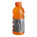 A close up of a Gatorade Thirst Quencher Orange sports drink bottle.