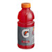 A close up of a Gatorade Fruit Punch sports drink bottle filled with red liquid.