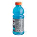A close up of a blue Gatorade Cool Blue sports drink bottle with a label.