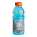 A close-up of a blue Gatorade bottle with a label.