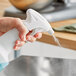 A hand using a Noble Chemical spray bottle trigger to spray a kitchen counter.