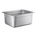 A stainless steel Choice 1/2 size steam table pan with a lid.