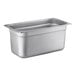 A silver 1/3 size stainless steel steam table pan with a lid.