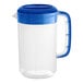 A clear plastic Choice beverage pitcher with blue handles and a lid.
