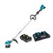 A Makita string trimmer kit with two batteries and a charger in a black and blue box.