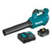 A Makita 18V LXT BL cordless blower with a black and blue battery and charger.