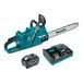 A blue Makita chainsaw with black accents on a table.