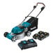 A Makita cordless lawnmower with batteries attached.