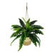 A 30" artificial Boston fern in a hanging basket with a rope.