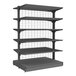 A Wanzl double-sided grey metal gondola shelf with wire mesh on four shelves.